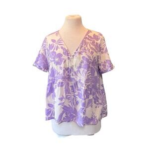 Gap Lilac Floral Babydoll Ruffle Top Shirt Blouse 100% Cotton Women's S